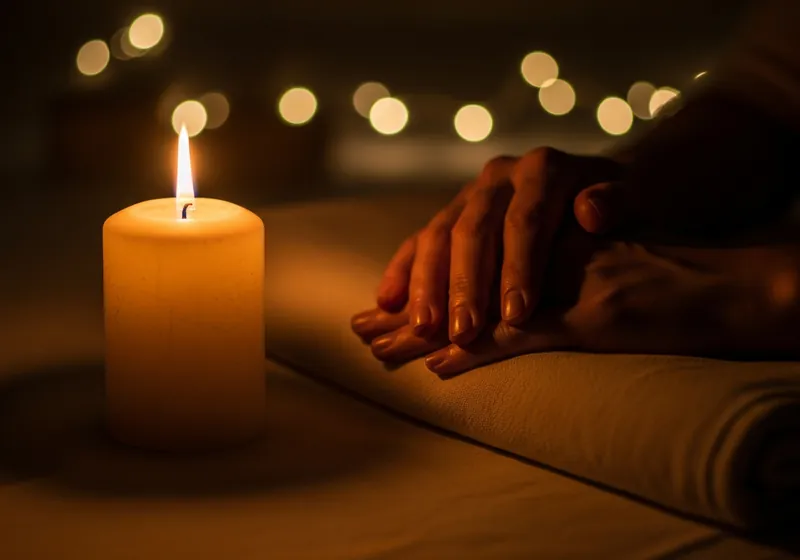 Folded hands beside a lit candle