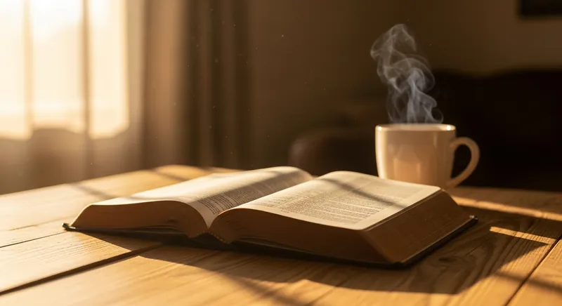 An open Bible and a cup of coffee on a sunlit table