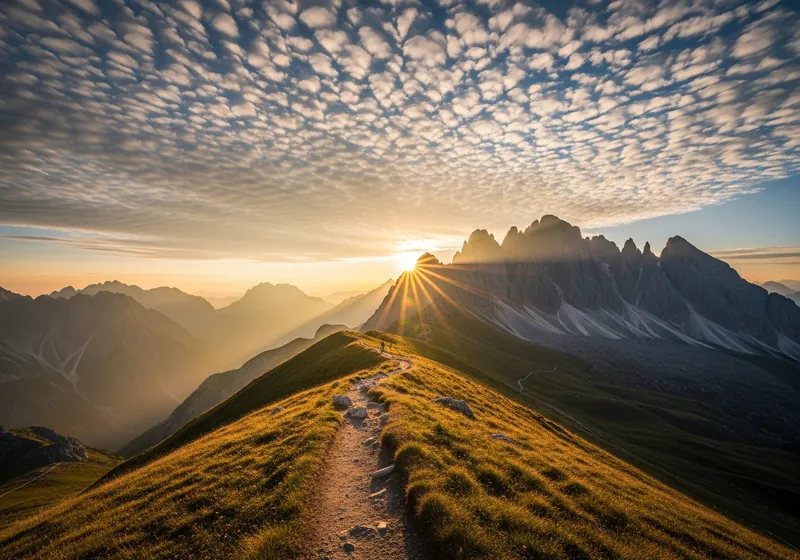 A mountain trail climbing toward the sunrise