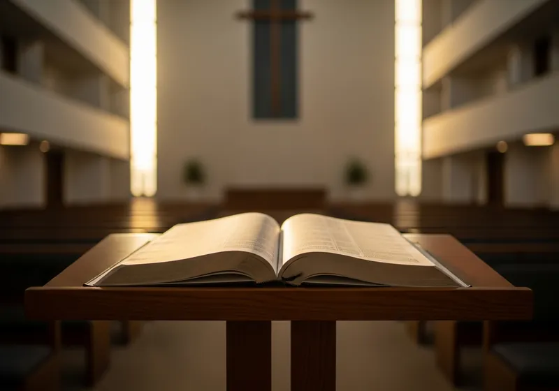 An open Bible resting on a wooden lectern in a sunlit sanctuary